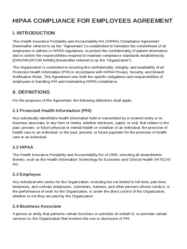 HIPAA Compliance for Employees Agreement Template  Form