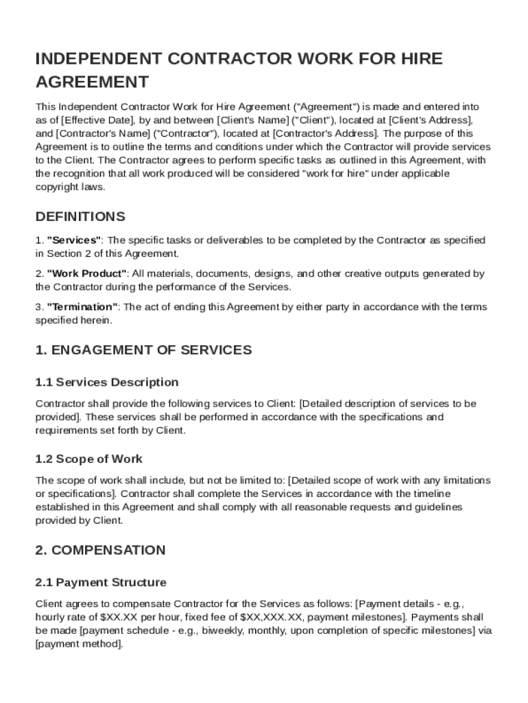Independent Contractor Work for Hire Agreement Template  Form