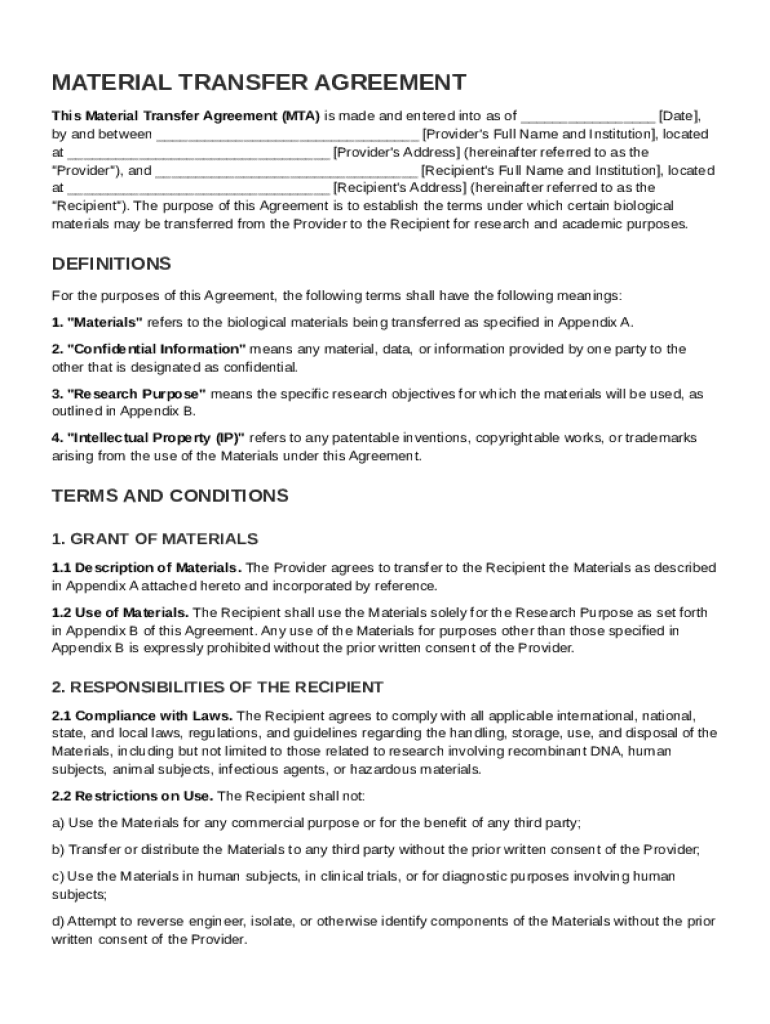 Material Transfer Agreement Template  Form