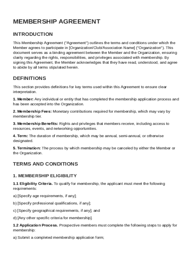 Membership Membership Agreement Template  Form