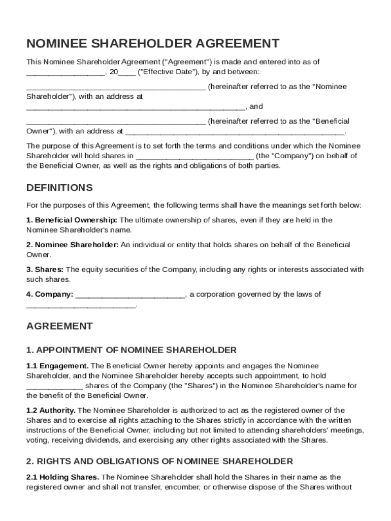 Nominee Shareholder Agreement Template  Form