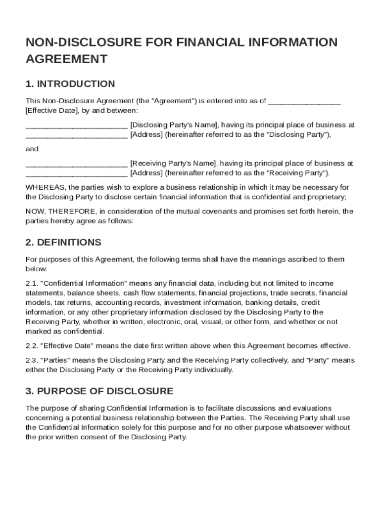 Non Disclosure for Financial Ination Agreement Template  Form