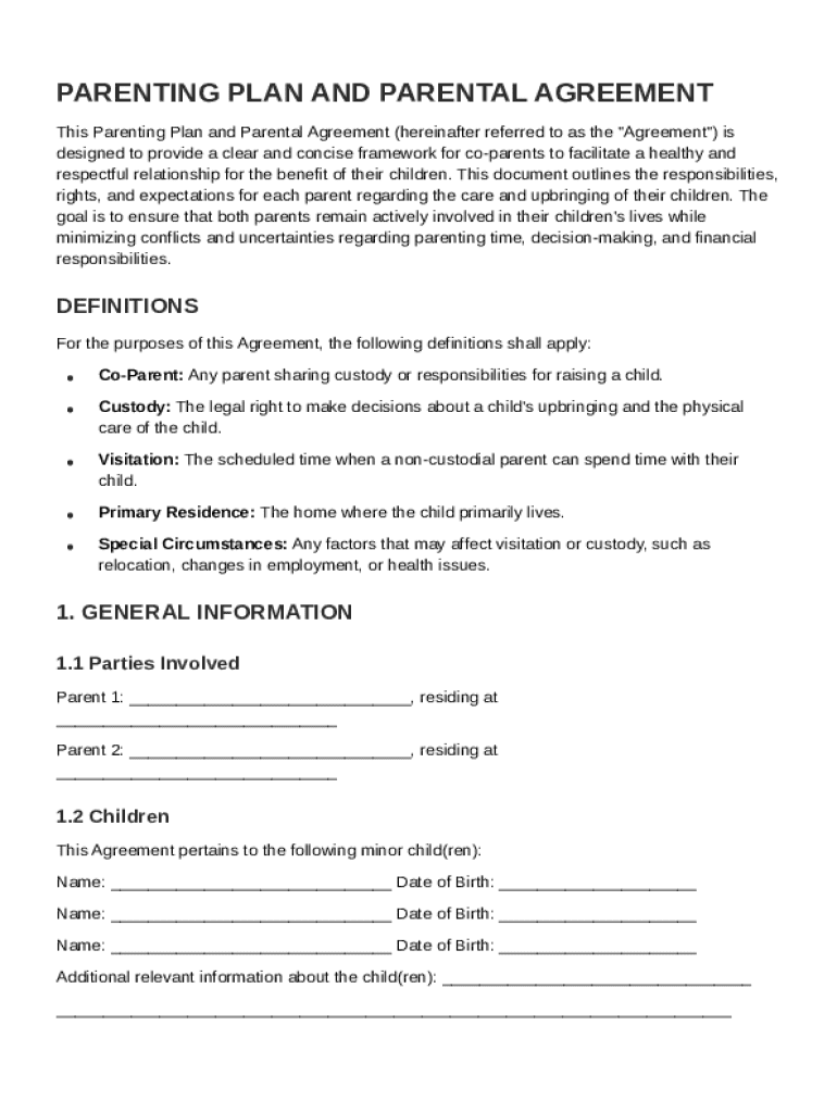 Parenting Plan Parental Agreement Template  Form