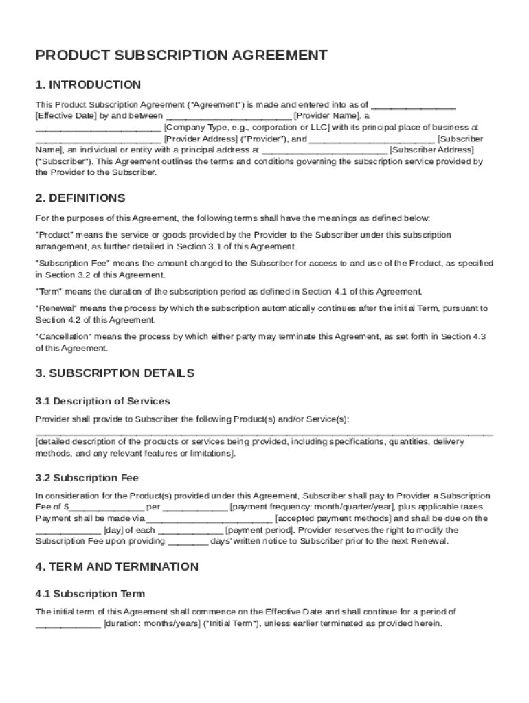 Product Subscription Agreement Template  Form