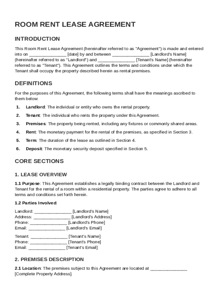 Room Rent Lease Agreement Template  Form