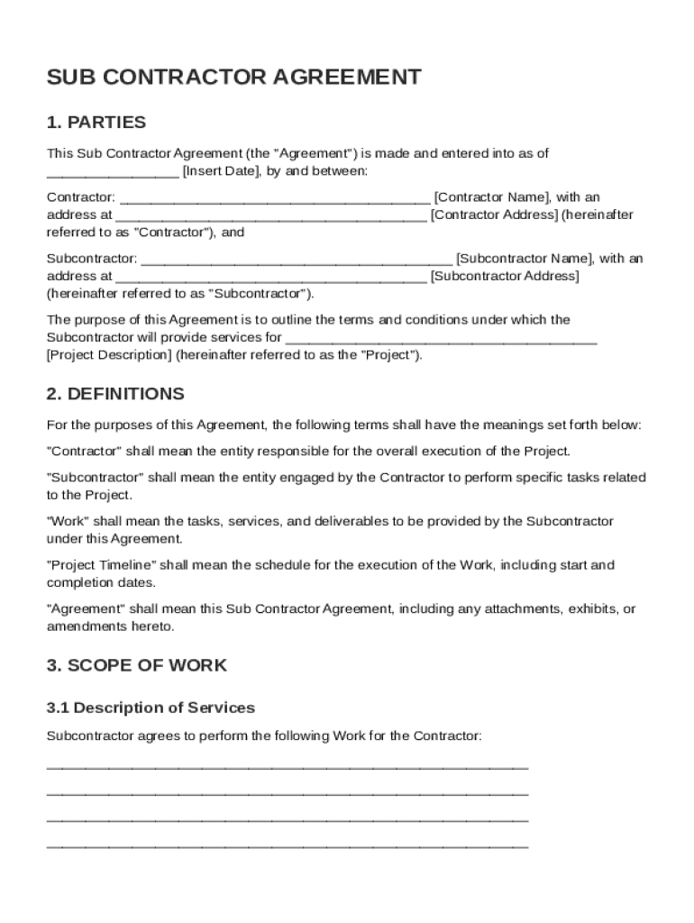 Sub Contractor Agreement Template  Form