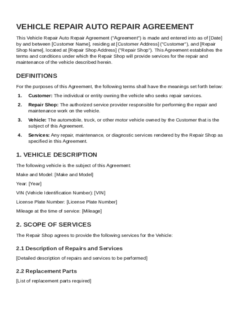 Vehicle Repair Auto Repair Agreement Template  Form