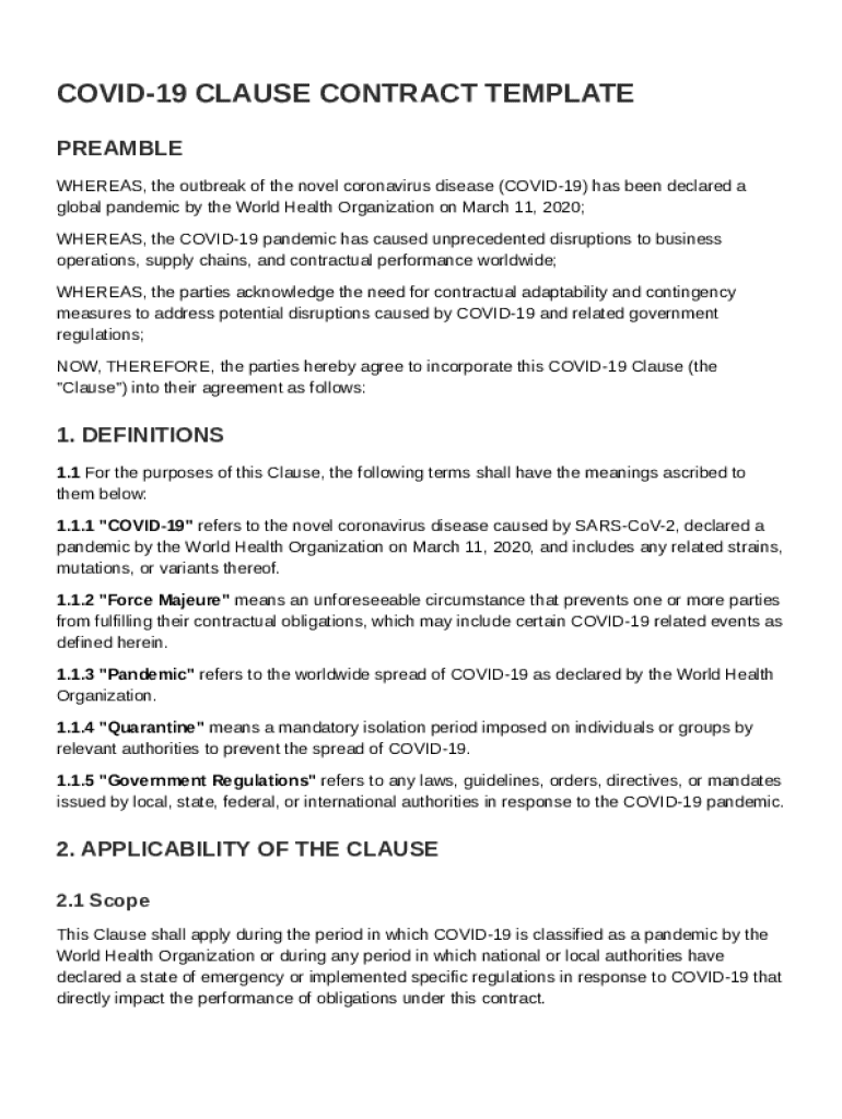Covid 19 Clause Contract Template  Form