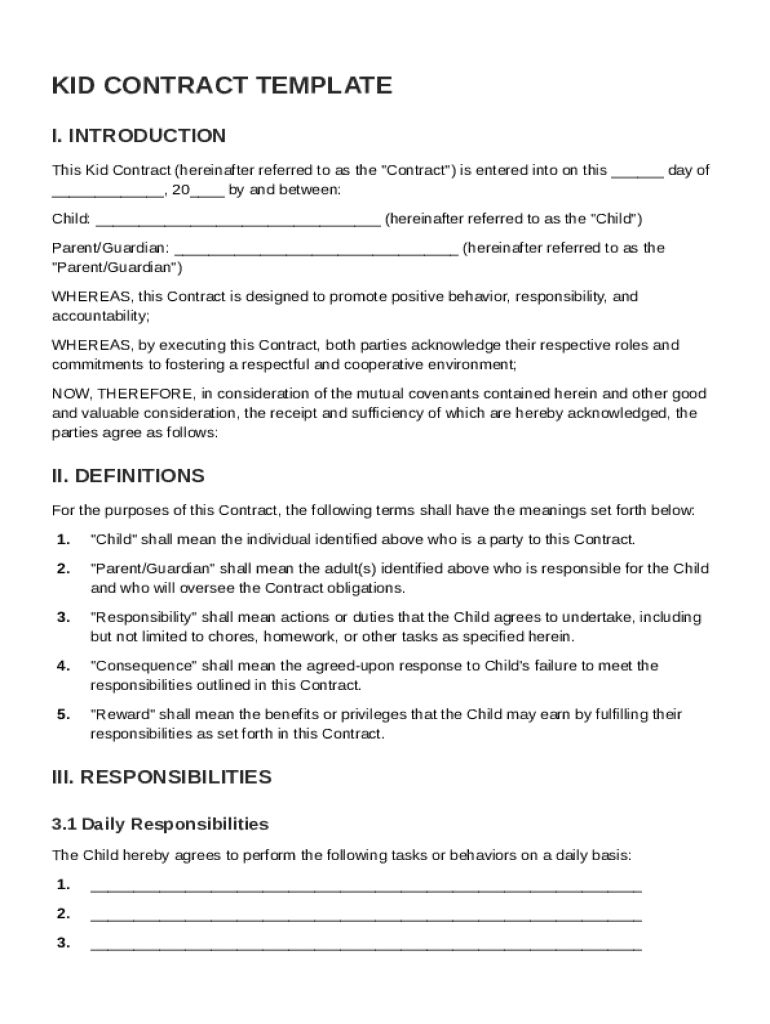 Kid Contract Template  Form