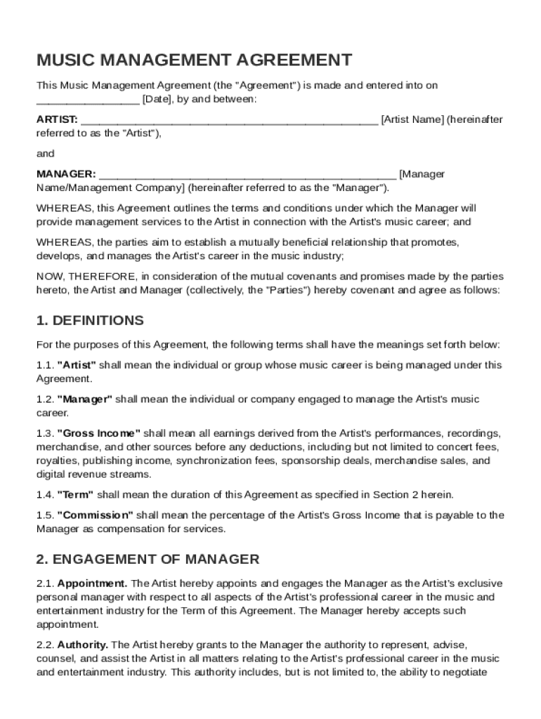 Music Management Contract Template  Form