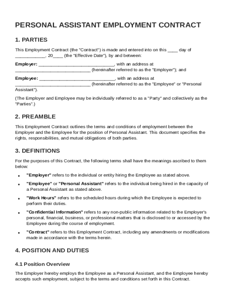 Personal Assistant Employment Contract Template Form Fill Out And 