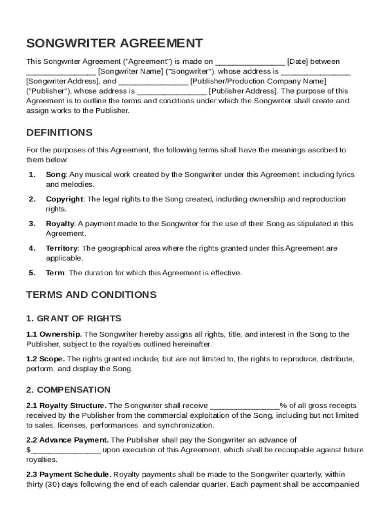 Songwriter Contract Template  Form
