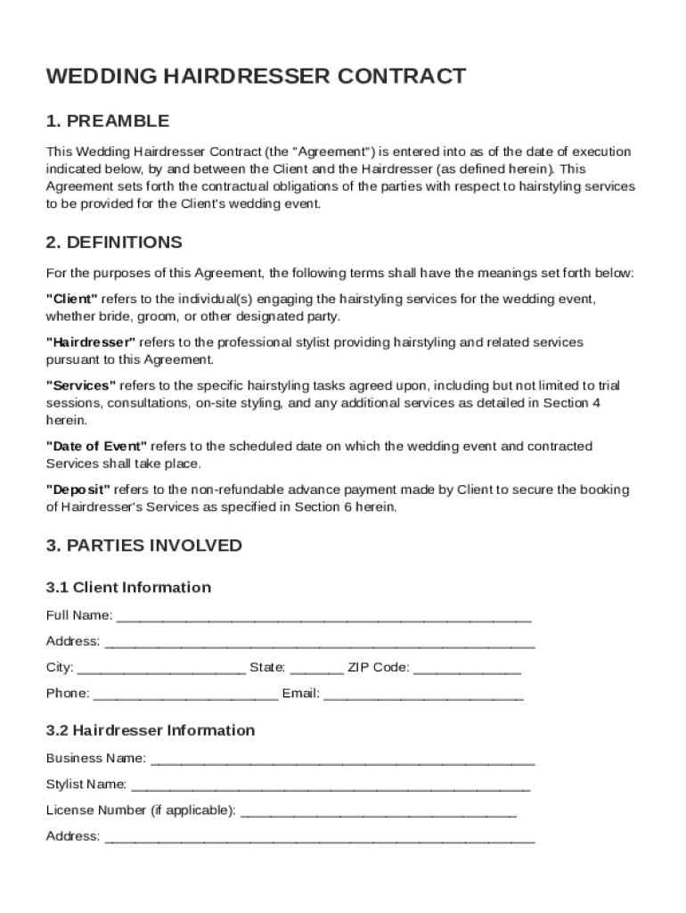 Wedding for Hairdresser Contract Template  Form