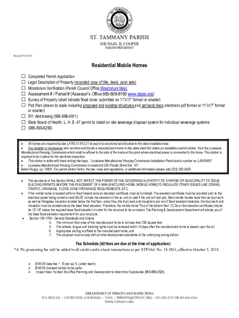  St Tammany Parish Residential Mobile Home Permit Application 2025-2026