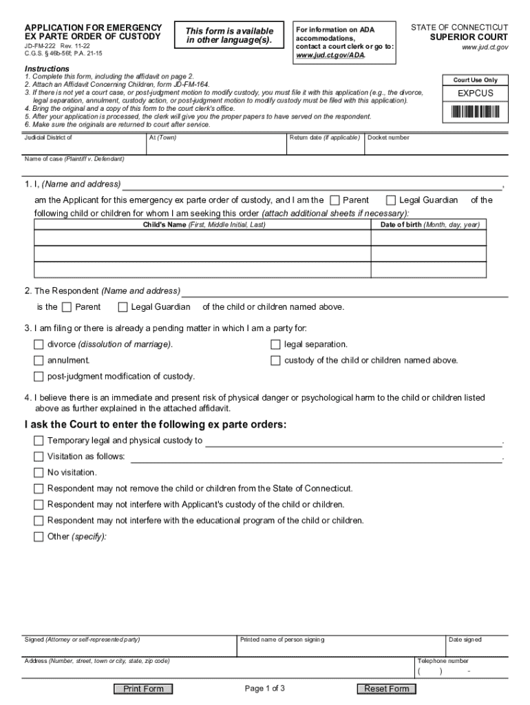 APPLICATION for EMERGENCY EX PARTE ORDER of CUSTODY Form