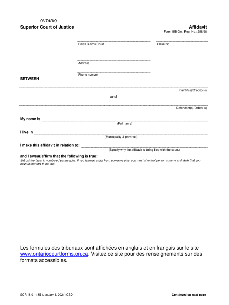Ontario Superior Court Affidavit Form 15B