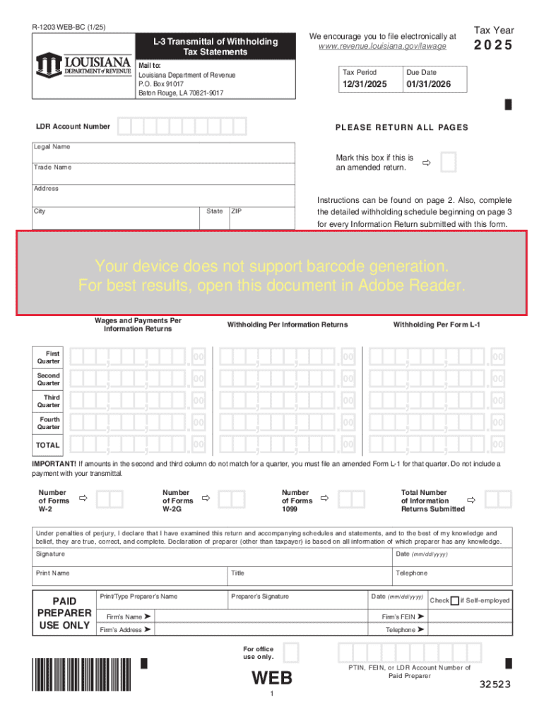 Louisiana L 3 Transmittal of Withholding  Form