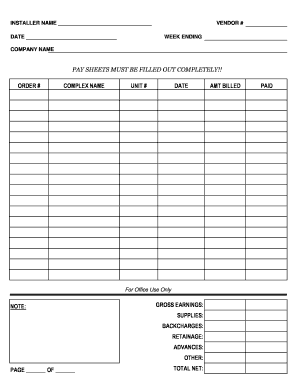 Pay Sheet Template  Form