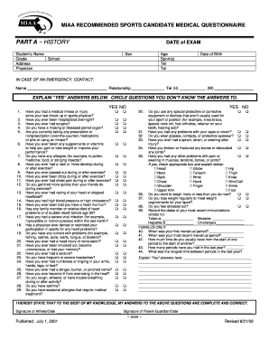 Sport Medical Questionnaire  Form