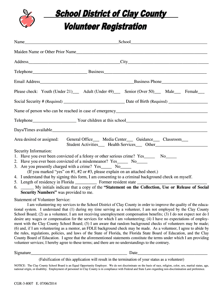 Volunteer Registration Form School District of Clay County Oph Oneclay