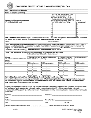 Cacfp Meal Benefit Income Eligibility  Form