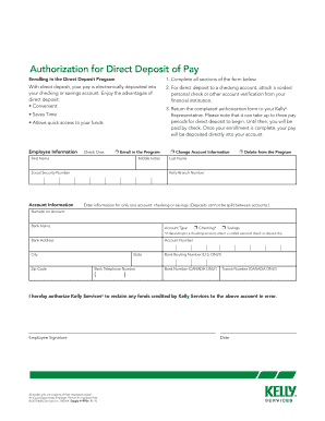Kelly Services Direct Deposit  Form