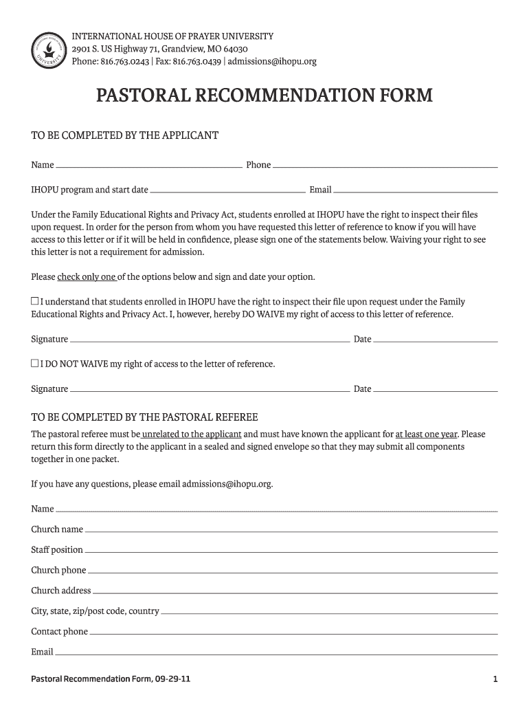 Get and Sign Pastoral Recommendation Form  International House of Prayer 2011