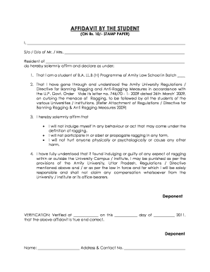 Amity University Affidavit by the Student  Form