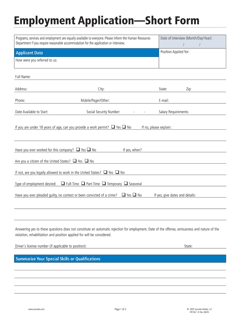 Employment Application Short Form