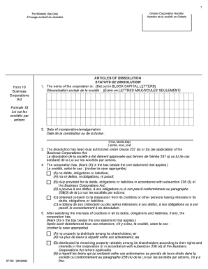 Articles of Dissolution Ontario Form 10