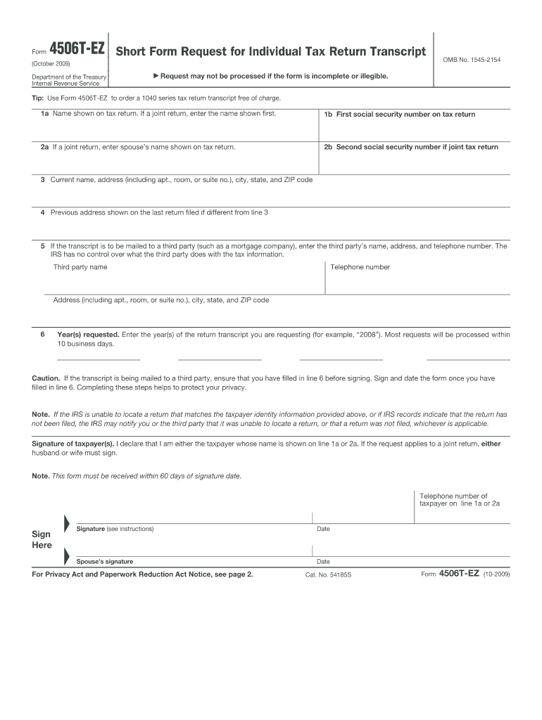  Form 4506T EZ October Short Form Request for Individual Tax Return Transcript Makinghomeaffordable 2009