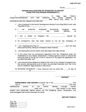 Sworn Declaration of Intention to Depart from the Philippines Permanently  Form