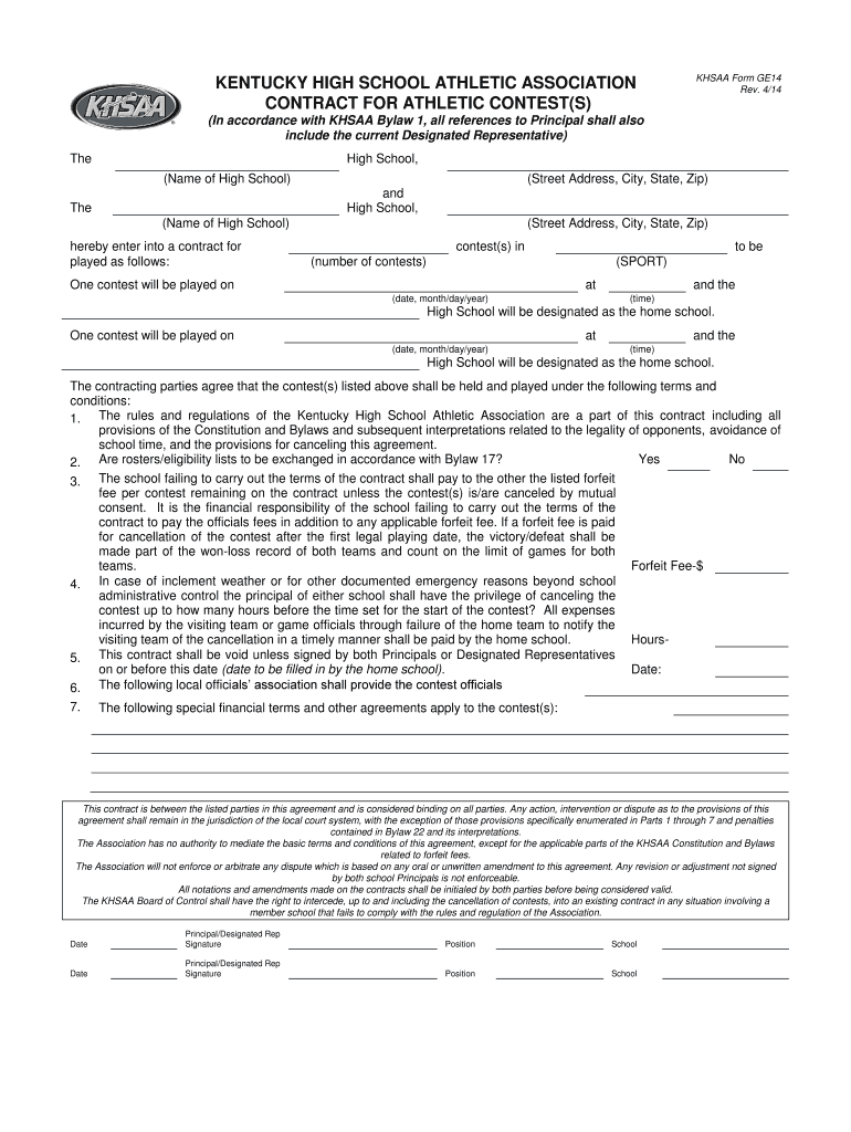Get and Sign GE14 Game Contract Form PDF  Kentucky High School Athletic    Khsaa 2014