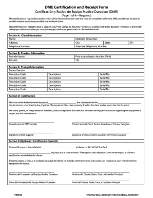 Dme Certification and Receipt Form