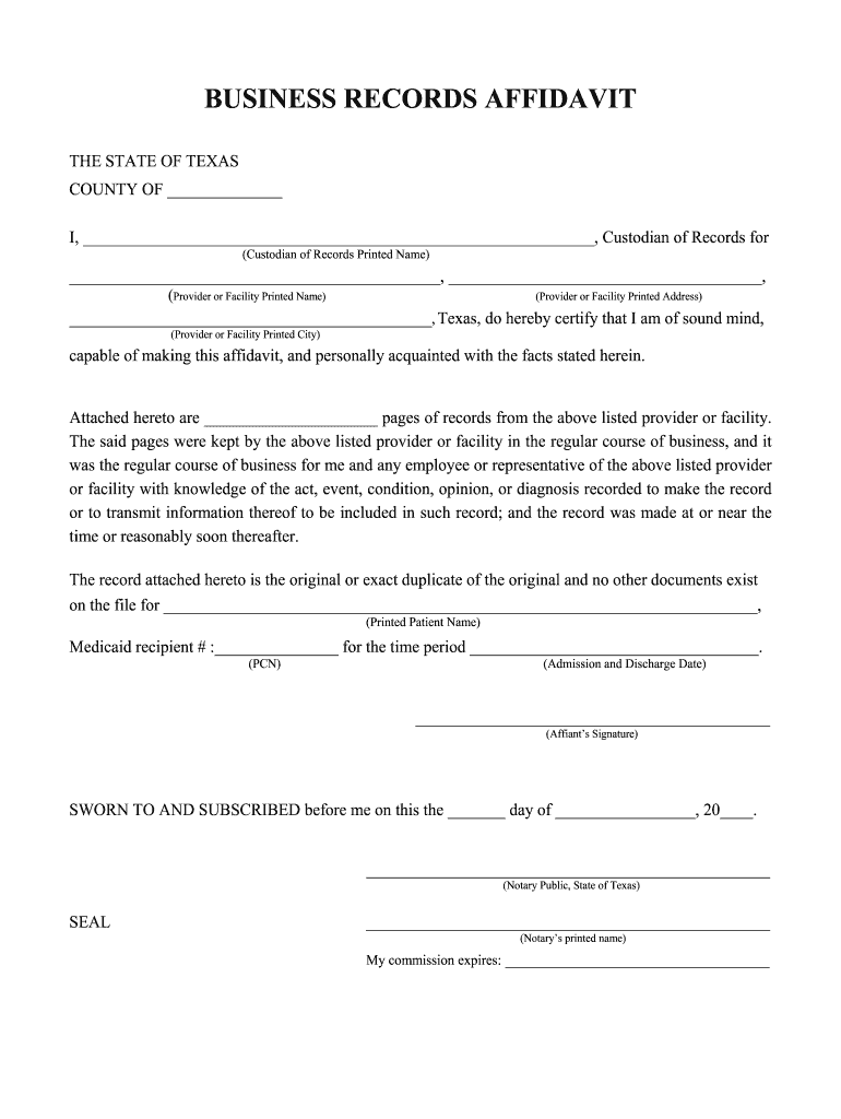 Business Records Affidavit Template  Form