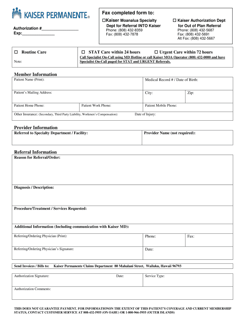 Kaiser Permanente Authorization and Neighbor Island Referral Form Providers Kaiserpermanente