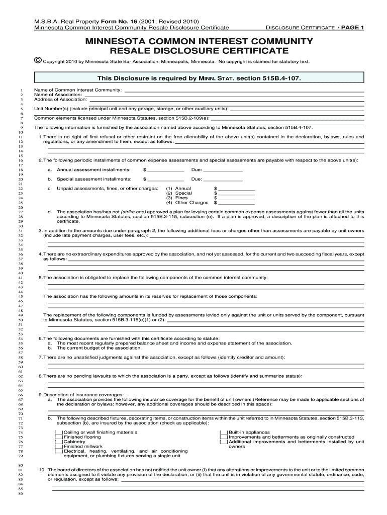 Common Interest Community Resale Disclosure Printable Form