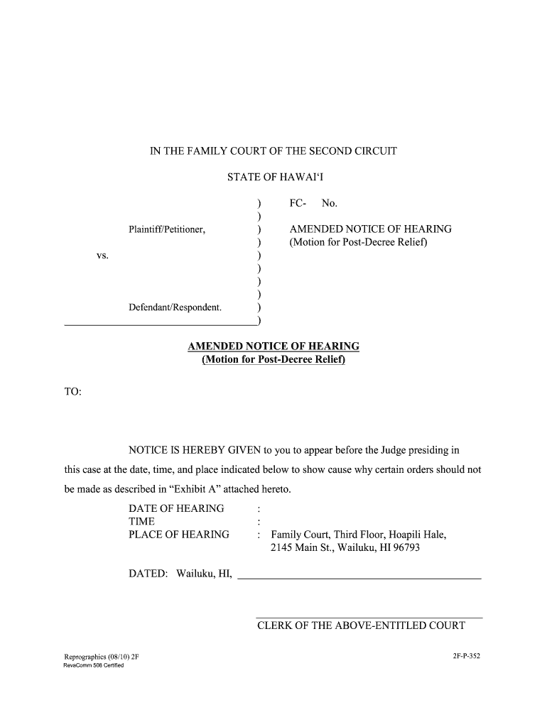  Amended Notice of Hearing Motion for Post Decree Relief Courts State Hi 2010