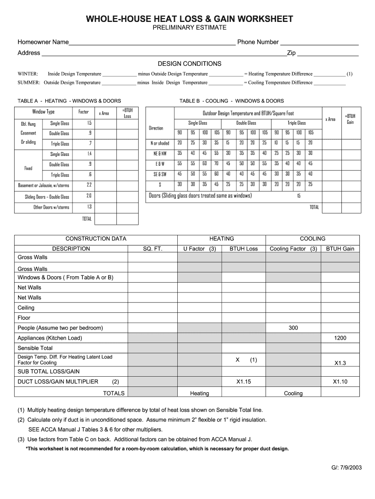 Heat Gain Worksheet  Form