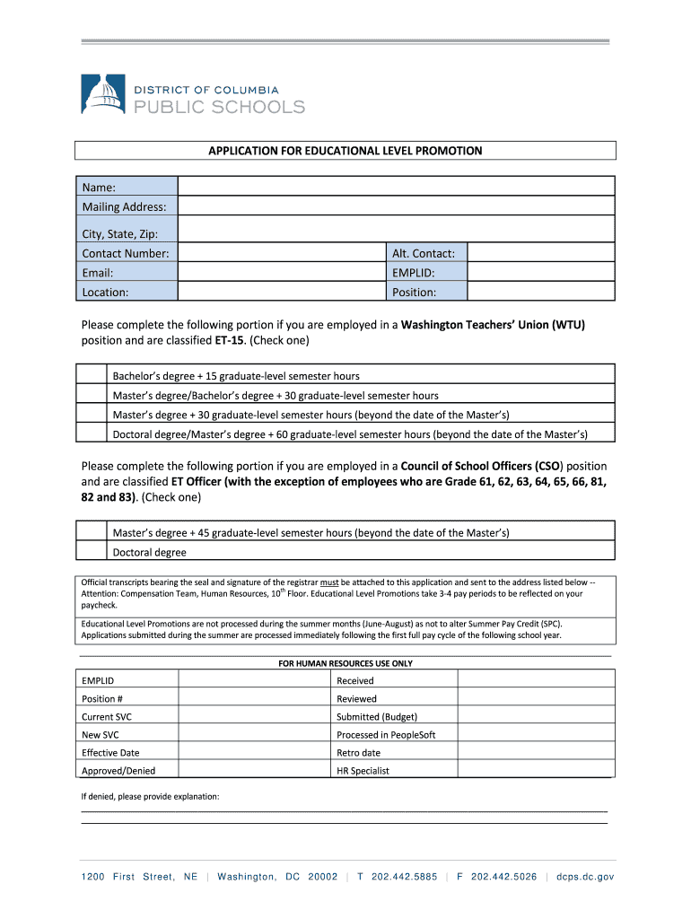 Educational Level Promotion ELP Application  Washington    Dcps Dc  Form