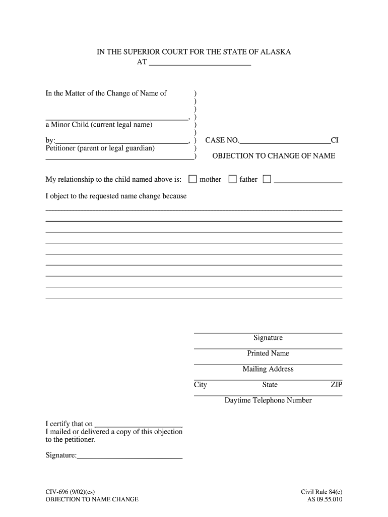 CIV 696 Objection to Name Change 9 02 PDF Fill in Civil Forms