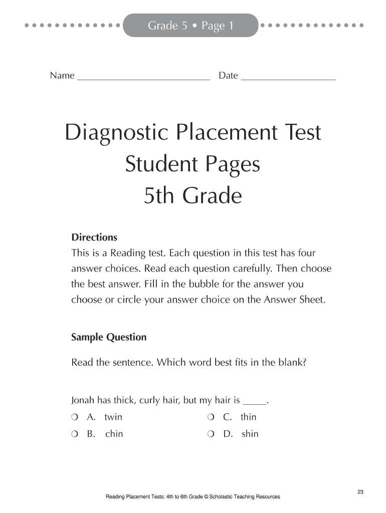 Scholastic Diagnostic Placement Test Grade 6 Answer Key  Form