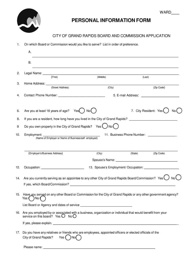 PERSONAL INFORMATION FORM  City of Grand Rapids  Grcity