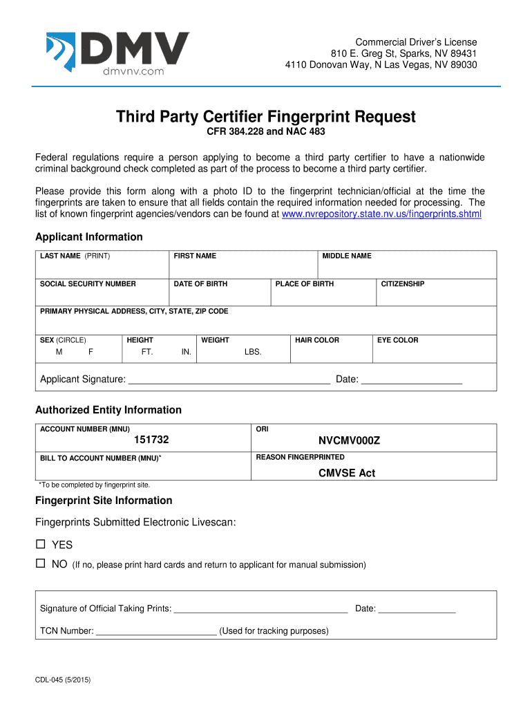 CDL 045 Third Party Certifier Fingerprint Request Form