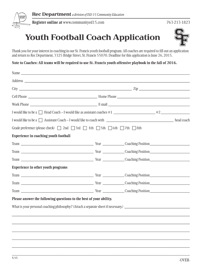 Get and Sign Youth Football Coach Application  ISD 15, St Francis  Stfrancis K12 Mn 2015 Form
