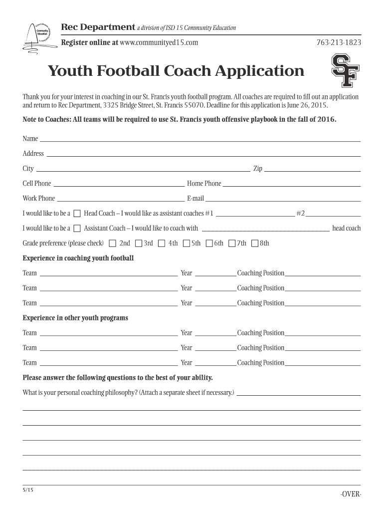  Youth Football Coach Application  ISD 15, St Francis  Stfrancis K12 Mn 2015