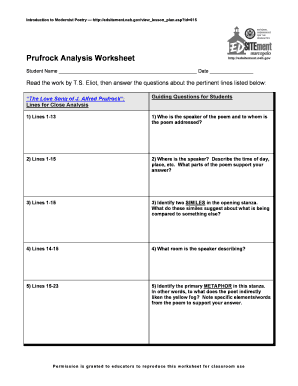 Prufrock Analysis Worksheet PDF  Form