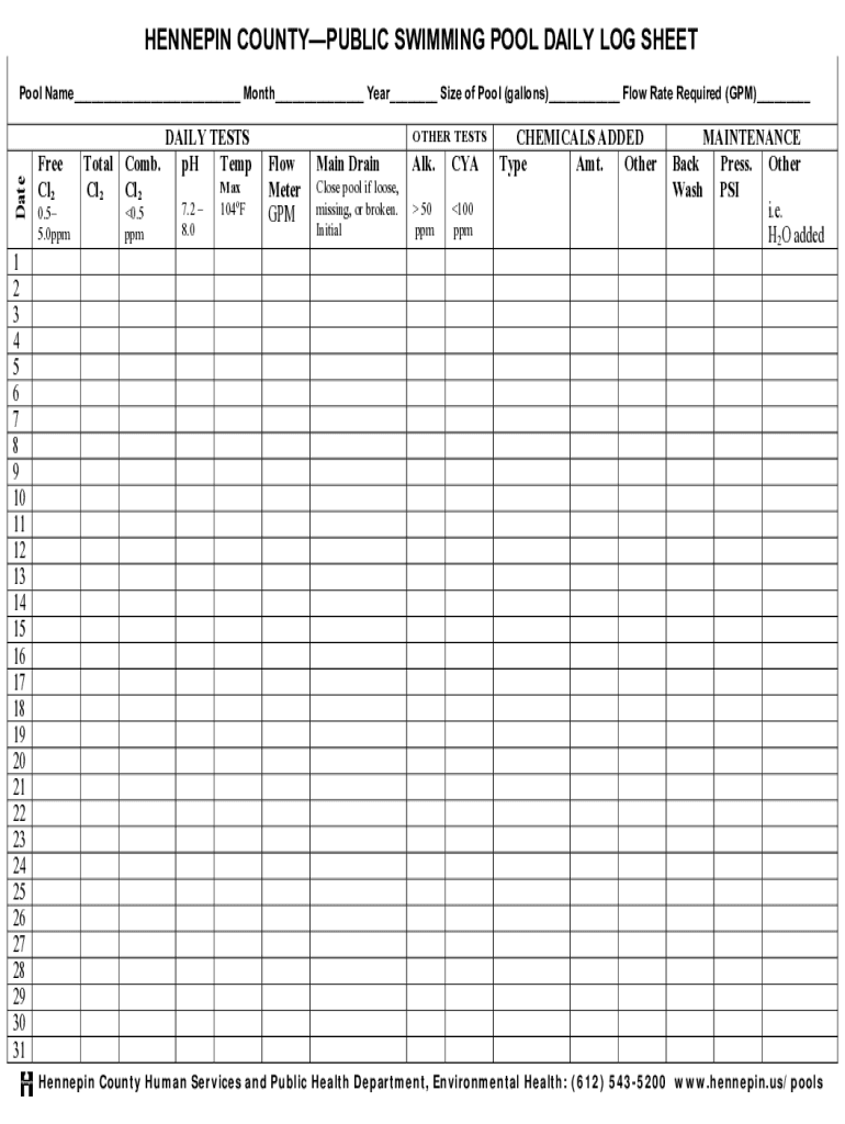 Printable Pool Log Sheet  Form