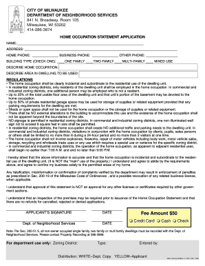  Home Occupation Statement Application City of Milwaukee City Milwaukee 2007