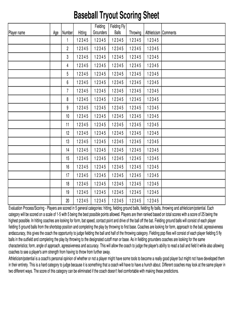 Printable Baseball Tryout Evaluation Form